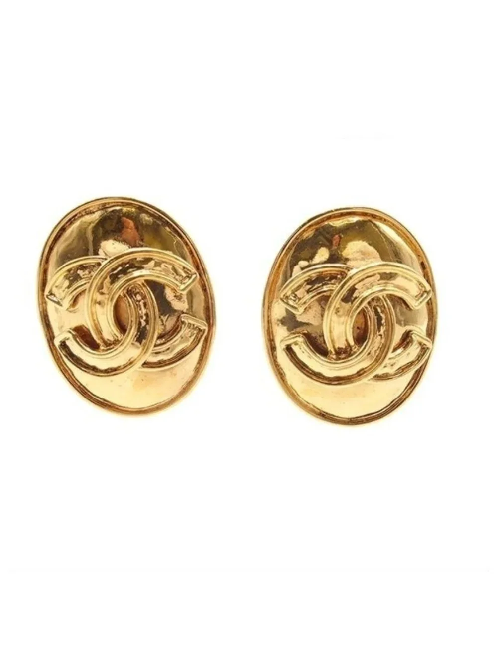 Chanel Earrings Gold Metal Oval CC Logo Vintage